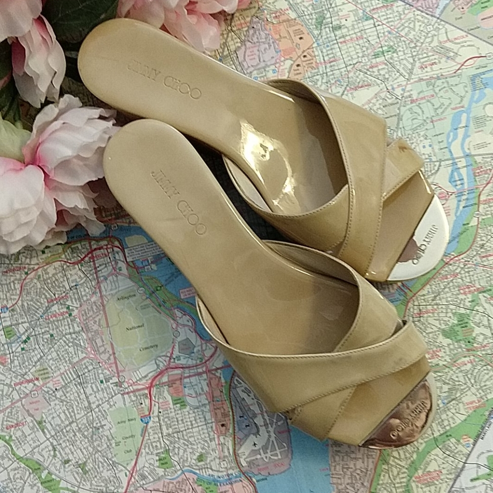 Jimmy Choo Beige Patent Leather Wedge Sandals